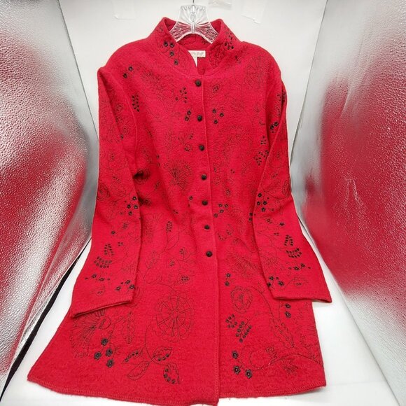 Cambridge Dry Goods Cardigan Size Medium Red Floral Wool Women’s Length 32" - Picture 1 of 8